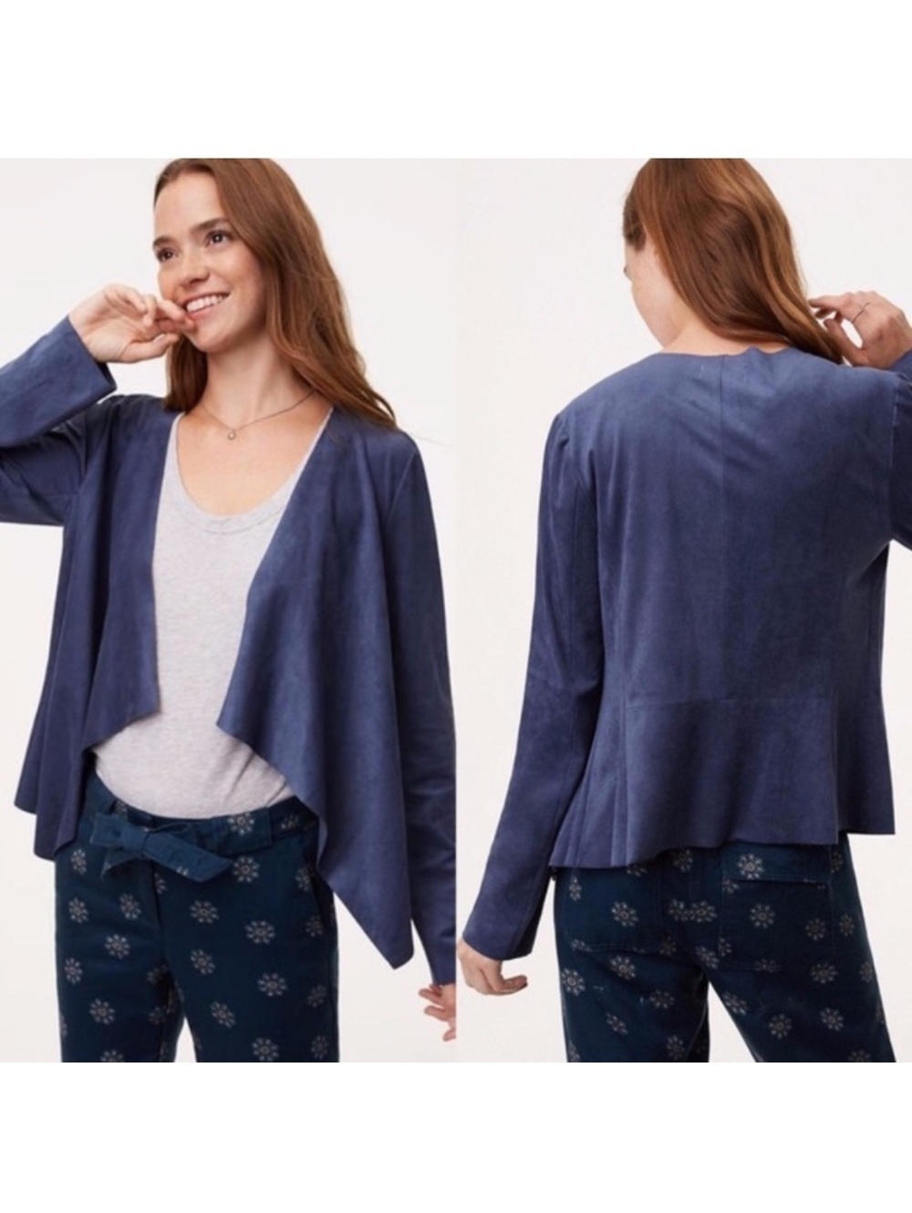 LOFT Faux Vegan Suede Waterfall Draped Jacket Dusty Blue - Size 10